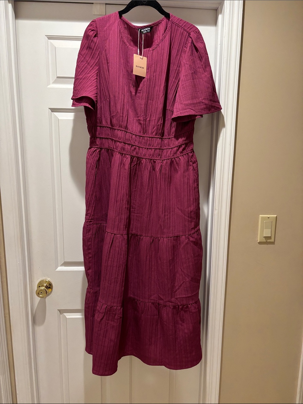 BloomChic Raspberry Pink Tiered Midi Dress